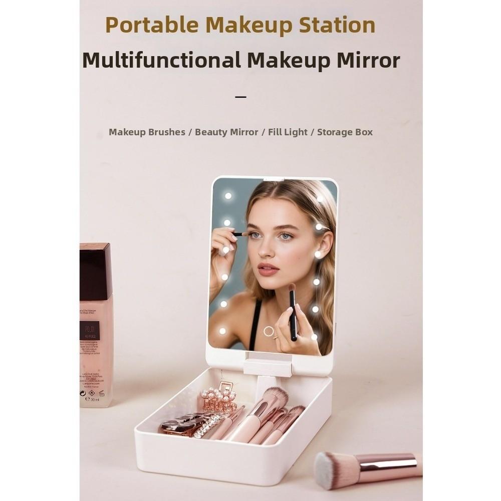 Foldable Portable Vanity Mirror Compact Makeup Brush Storage Box Ideal for Touch-ups at Work