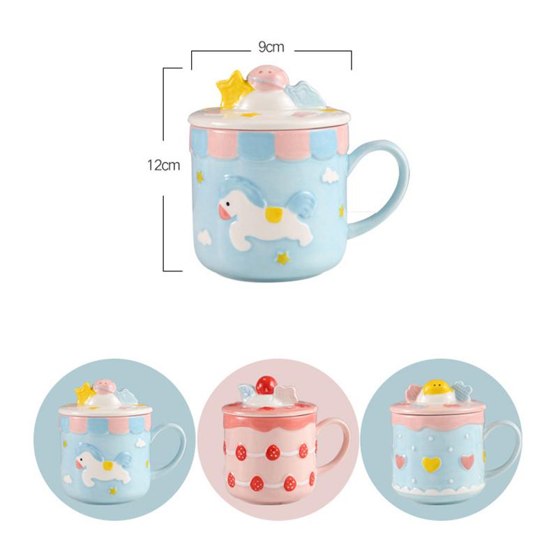 1Pcs 390Ml Ceramic Cup High Value Mug Strawberry Cake Cup Girls Cute Water Cup With Lid Home Milk Breakfast Cup