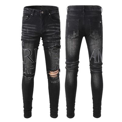 Мужские рваные джинсы American Street Slim Fit с вышивкой 844