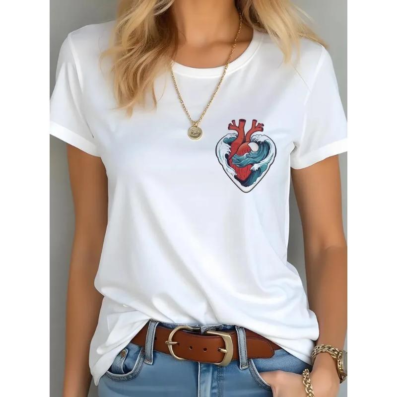 Summer Round Neck Heart-shaped Printed Top Fashionable Casual Short Sleeved Pure Cotton Women's T-shirts