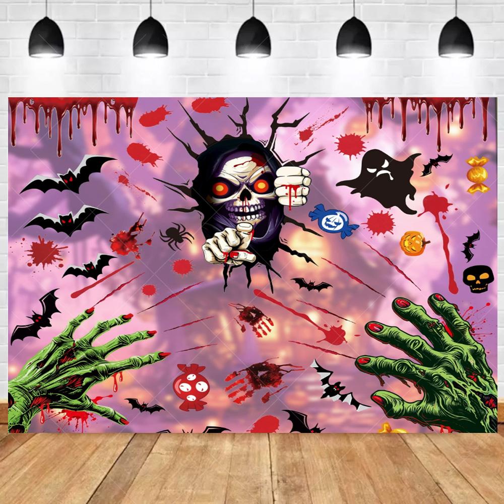 1pc Cute Halloween Party Backdrop with Castle Ghost Skeleton Bats Joker Dustproof Banner for Halloween Themed Party Decoration