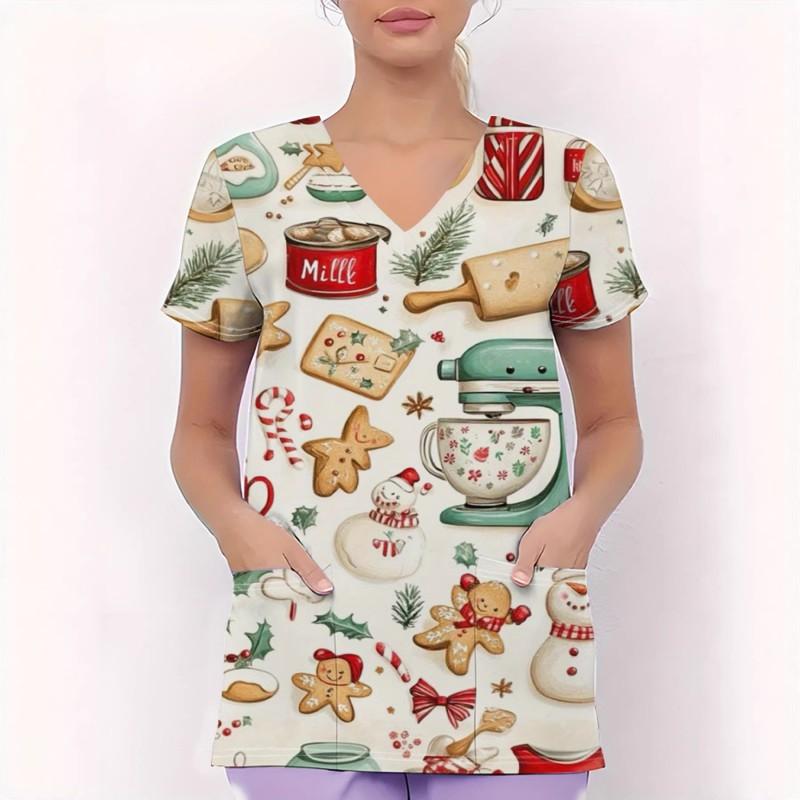 Womens V-Neck Short Sleeve Nursing Scrub Top With 3D Cartoon Print Comfortable Workwear Casual Medical Uniform