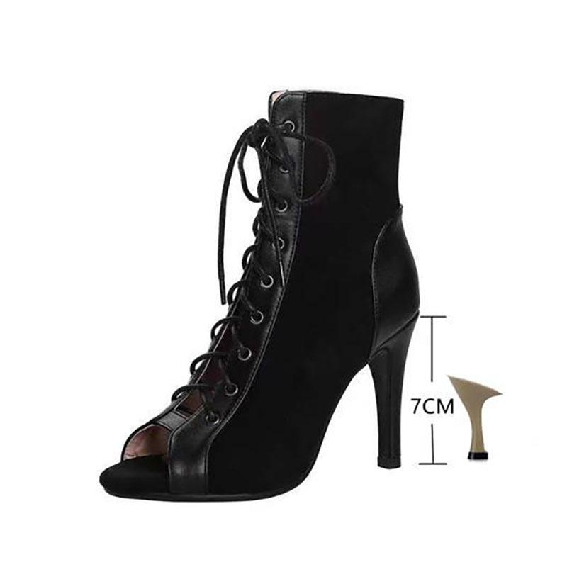 Сандалии с полыми сетчатыми каблуками, женская обувь, летние черные сексуальные ботинки с открытым носком на шнуровке, туфли на шпильке, женская обувь для джазовых танцев