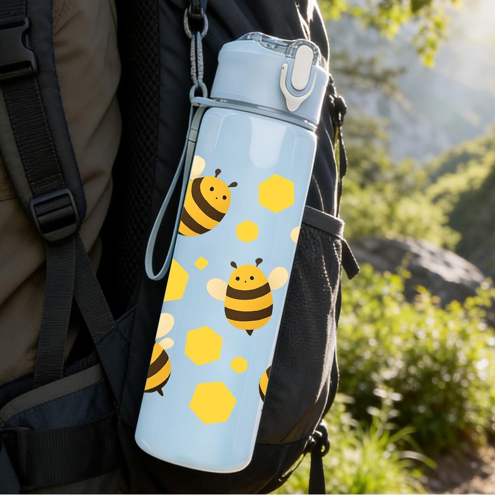 1PC Repeating Yellow Bee Grid Layout 750ml Color Plastic Sports Water Bottle Leakproof Flip Straw Lid For Sports Office Home Use