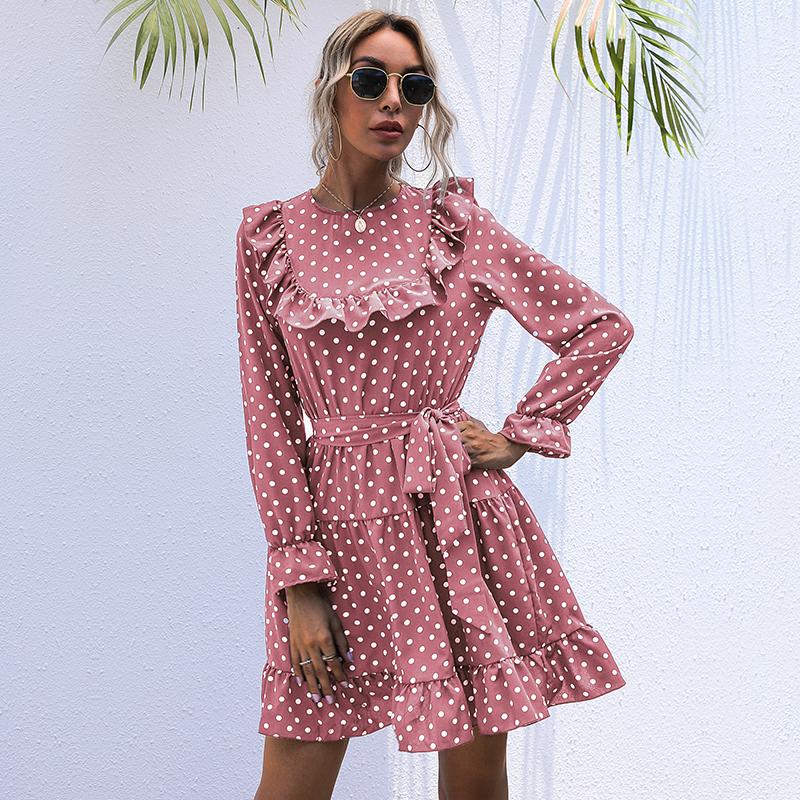 YYFS Женские винтажные летние весенние повседневные платья в горошек с длинным рукавом и круглым вырезом с высокой талией