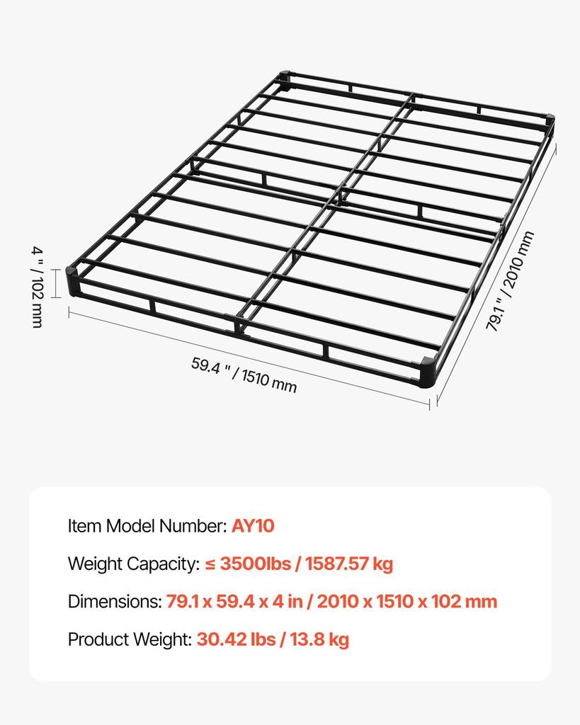 Box Spring, Queen Size Bed Frame with Washable Fabric Cloth, Heavy Duty Metal Frame for Queen Bed, 102 mm Mattress Foundation, 1587.57 kg Max Weight