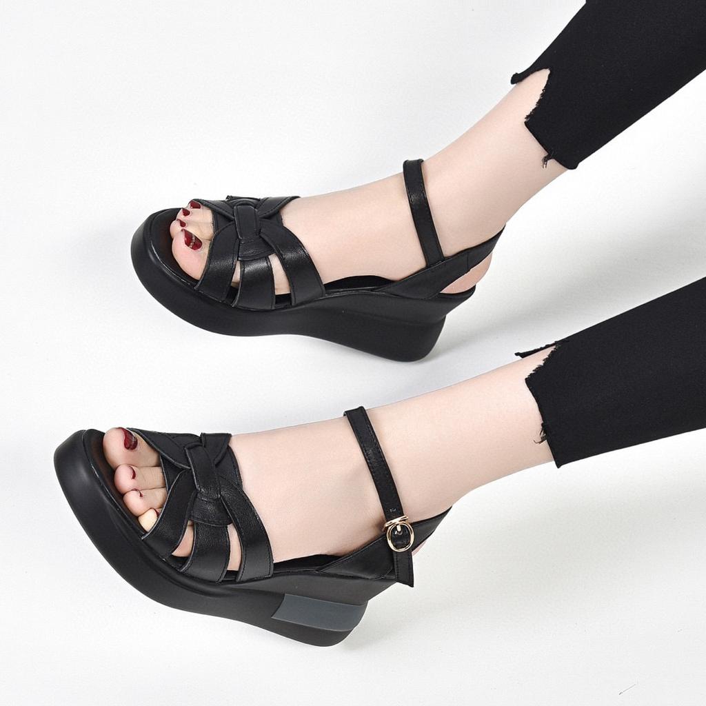 2025 Summer New Wedge Heel Women's Sandals First Layer Cowhide Open-toed Back Empty Word with Casual Waterproof Platform Platform Shoes