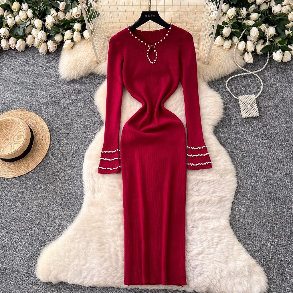 Autumn Spring Women Full Sleeve Luxury Beading Knitted Sweater Party Dress Long Midi Sheath Bodycon Pullover Dresses
