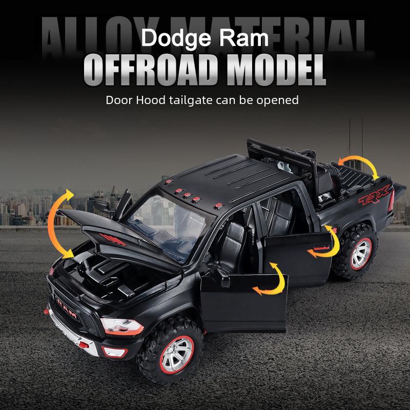 1:32 Модель пикапа Dodge Ram TRX — игрушечный автомобиль из сплава со звуком, светом и открывающейся назад дверью для детей