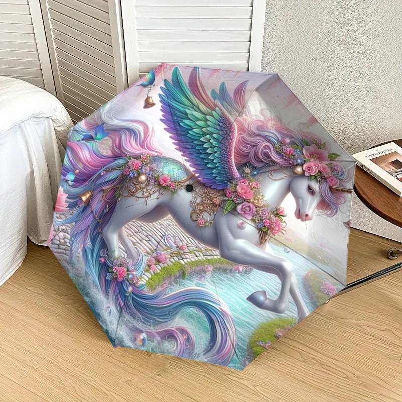 1pc Fantasy Unicorn with Wings Umbrella with Plastic Handle,Suitable for All Seasons Home Travel Outdoor UmbrellaDD434