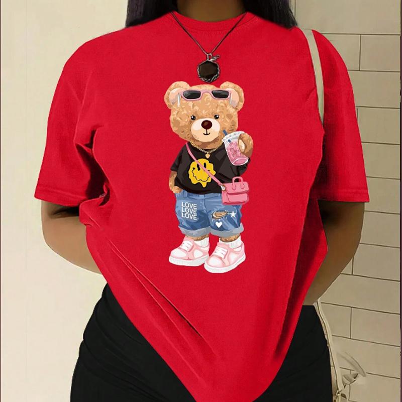 Модная женская футболка с милым мультяшным плюшевым мишкой, забавная повседневная футболка с круглым вырезом и короткими рукавами, летняя женская футболка