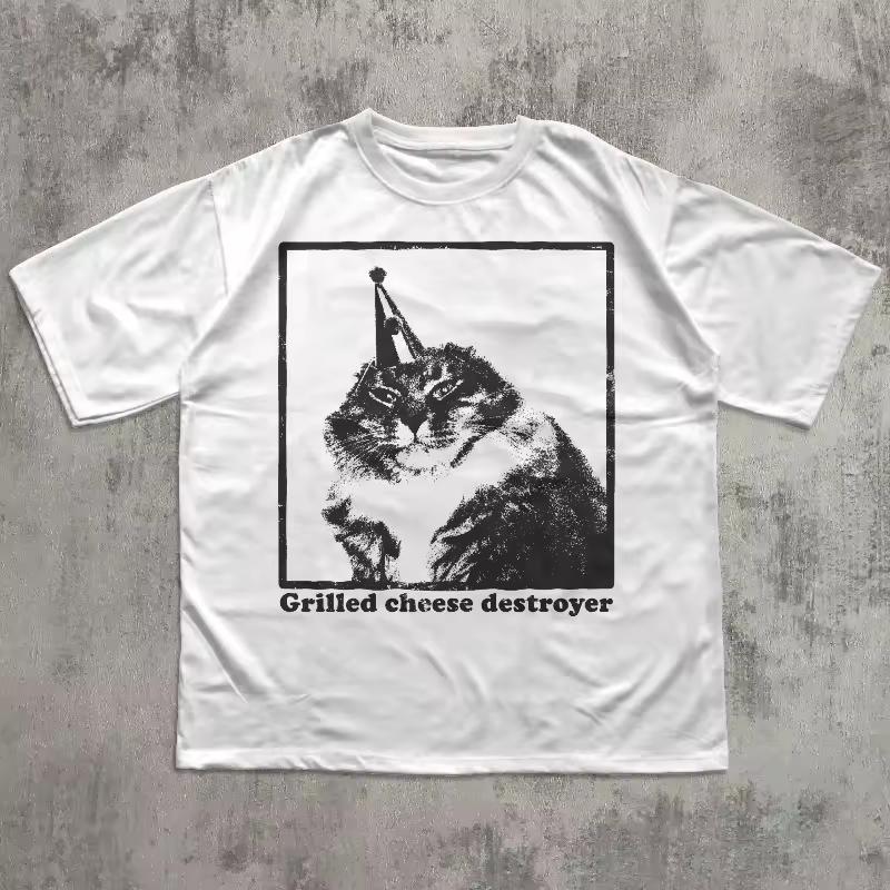 Vintage Kitten Shirt, Funny Grilled Cheese Destroyer Tee for Men Women, Party Animal T-shirt, Silly Cat Graphic T-shirt