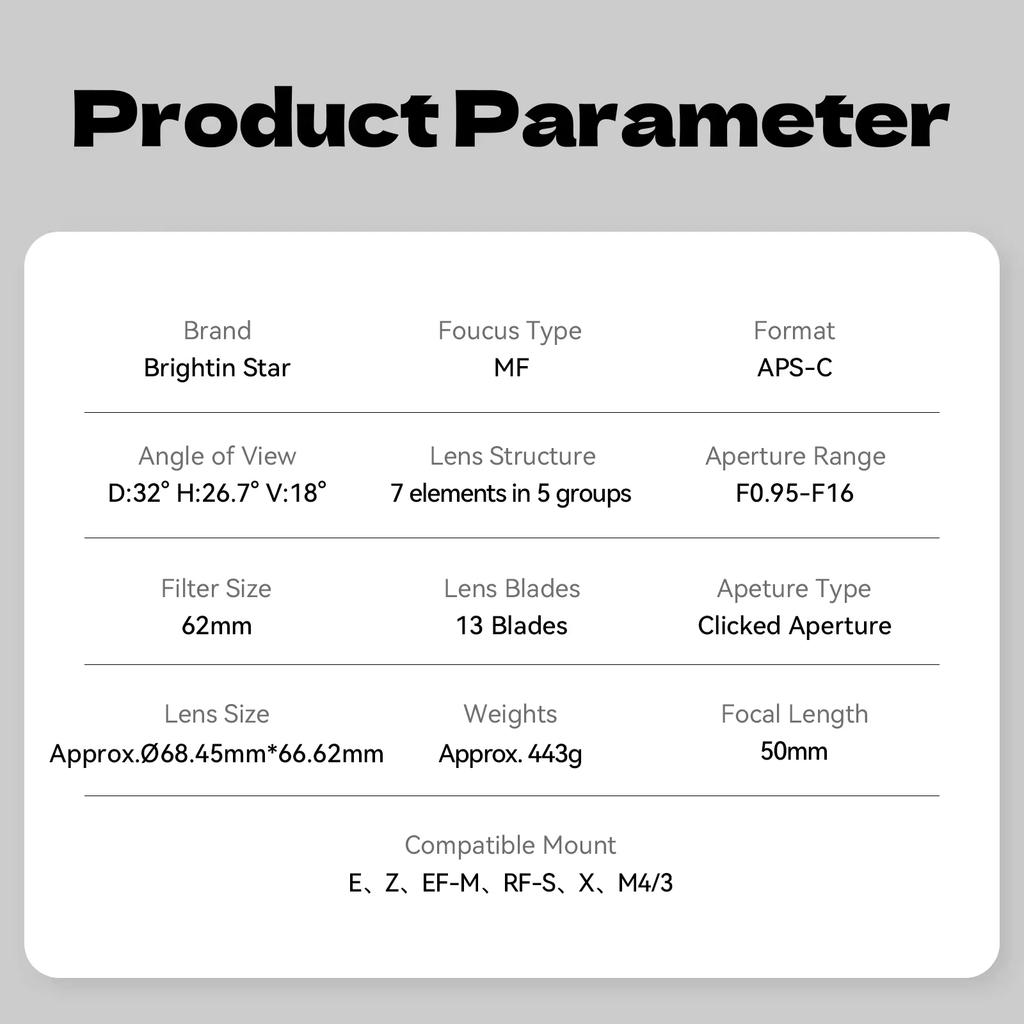 %^% Объектив для беззеркальной цифровой камеры Brightin Star 50mm F0.95 APS-C Портретный для Sony E Fujifilm XF для Canon M Nikon Z для Cano