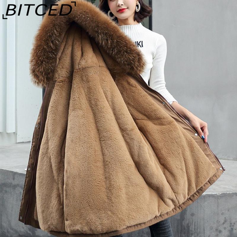 BITCED Women's Winter Mid-Length Cotton Coat with Fleece Lining, Large Fur Collar, Plus Size, Short Waist-Defining Jacket