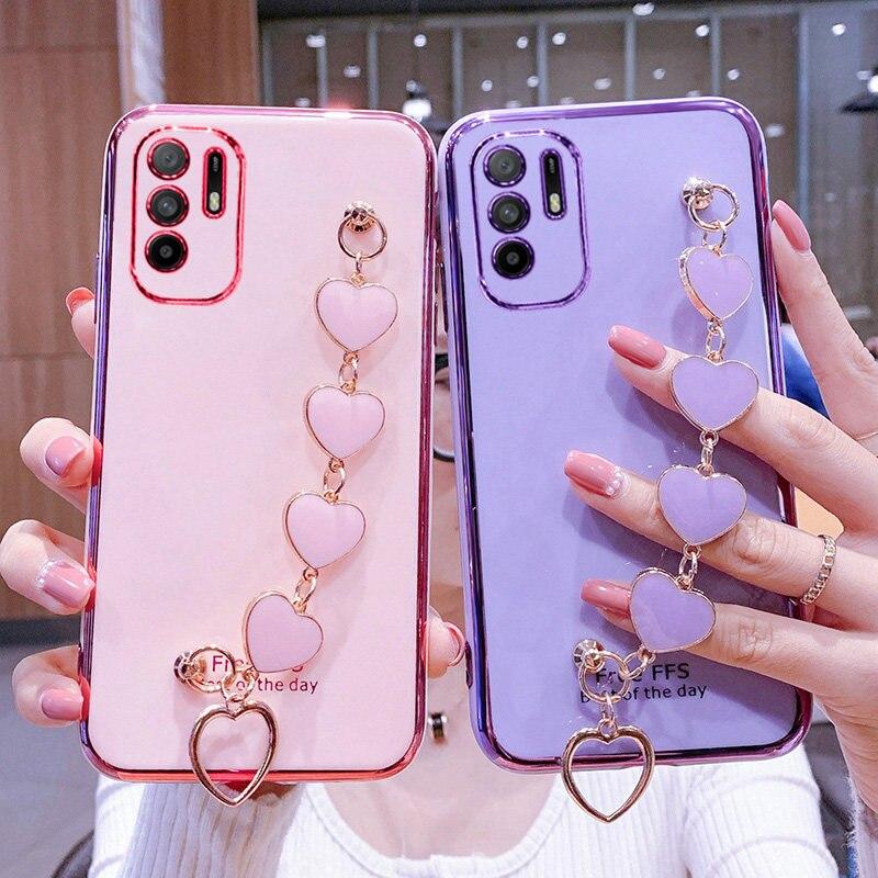 Luxury Love Heart Wrist Chain Phone Case For Xiaomi Redmi Note 10 10S 5G 10T 9 9S 9T 8 8T 7 Pro 9A 9C 8A 7A Plating Bumper Cover