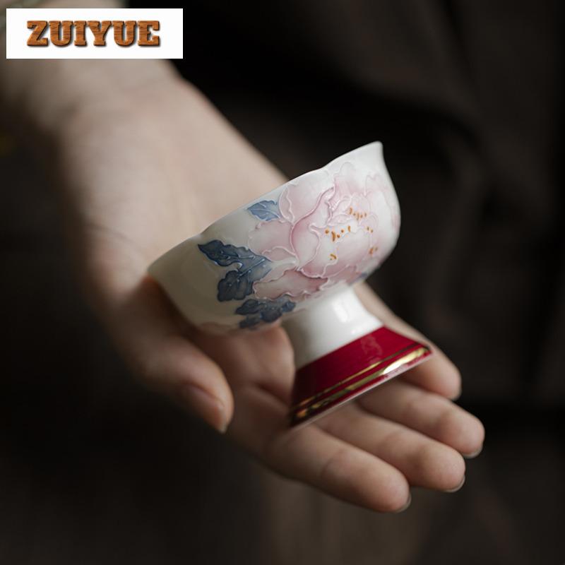 65ml Hand Drawn Peony Master Cup Vintage High Footed Large Teacup High End Gold Plated Tea Cup Flower Mouth Kung Fu Tea Set Gift