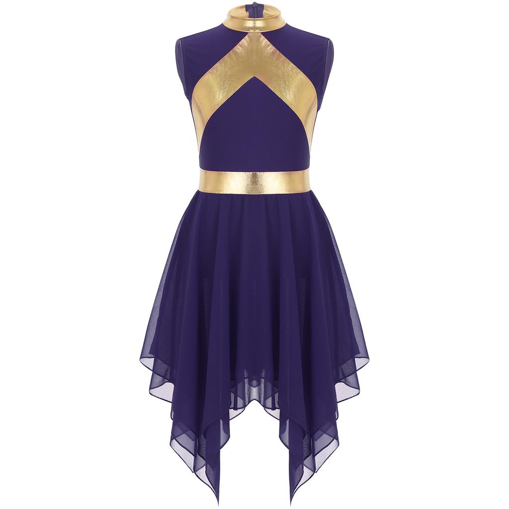 Дети Девочки Современное литургическое платье из металлизированной ткани без рукавов асимметричное танцевальное платье