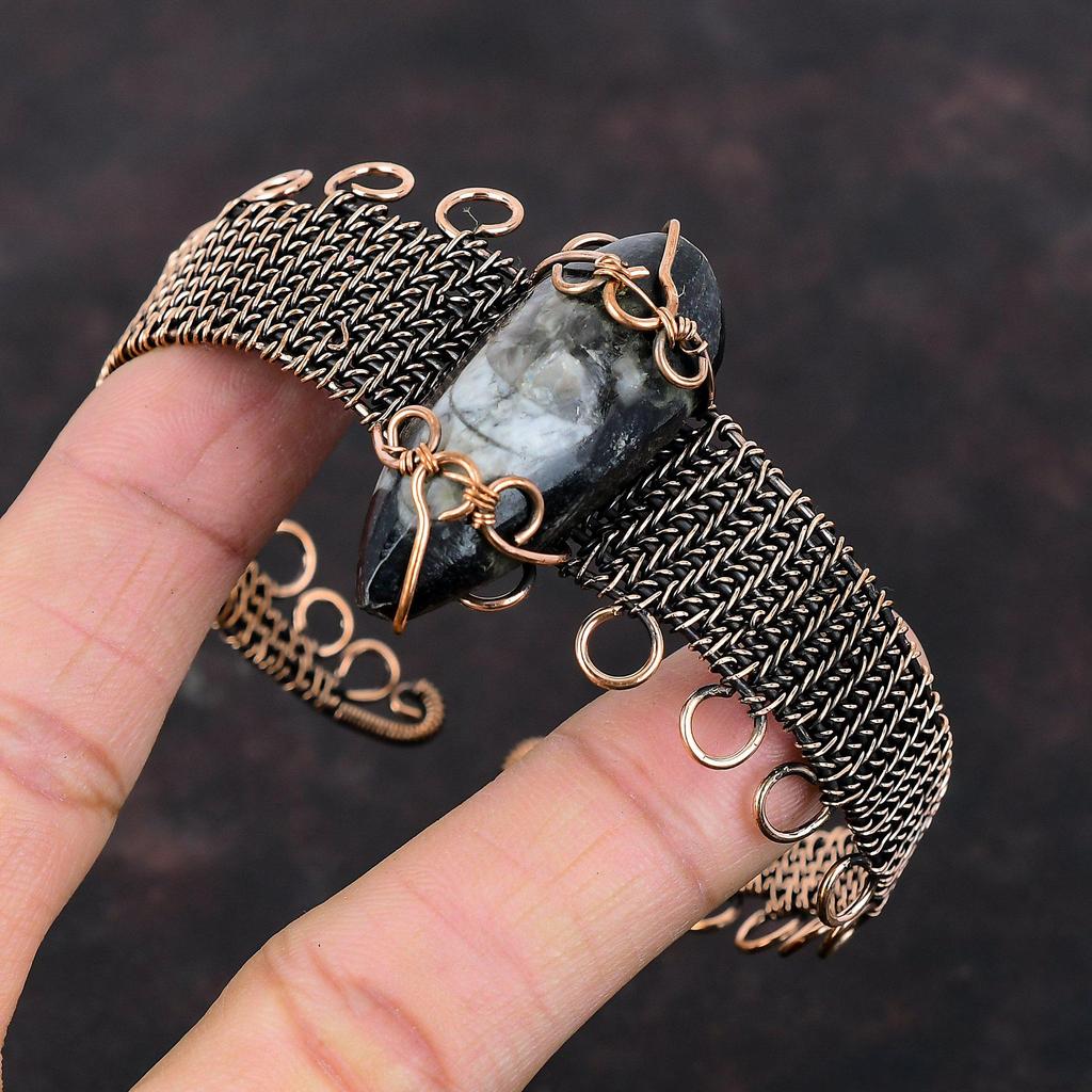 Orthoceras Ископаемый медный браслет Медная проволока Браслет-манжета Ювелирные изделия из драгоценных камней Регулируемый браслет ручной работы Медные ювелирные изделия Подарок для женщин