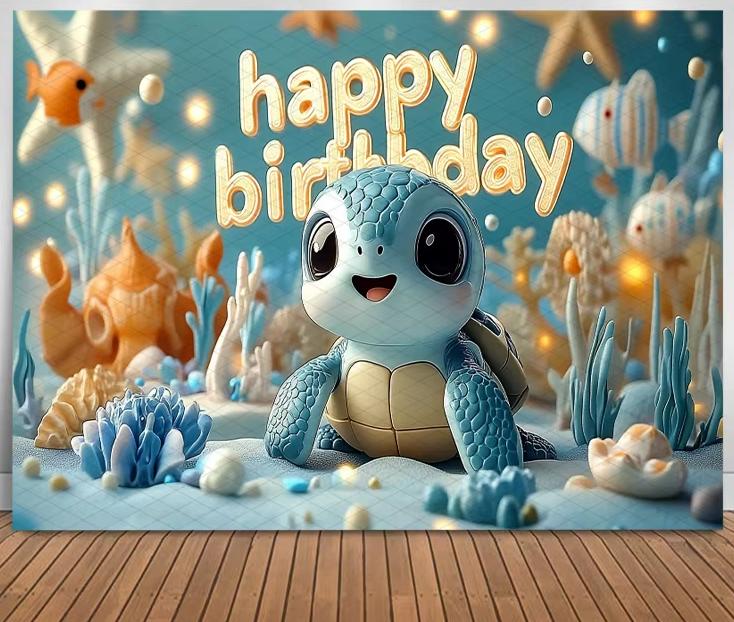 Cute Turtle Theme Birthday Banner Photography Background Blue Decorative Baby Shower Photo Studio Portrait Shooting Background