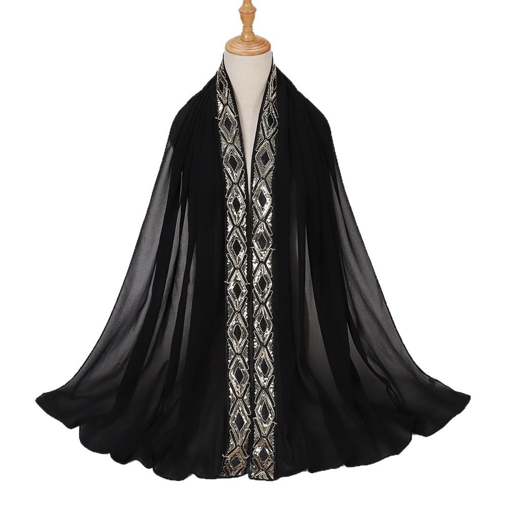 New Pearl Chiffon Embroidered Sequins Decorative Wrap Headscarf, Malaysia Indonesia Fashion Lace Ladies Scarf