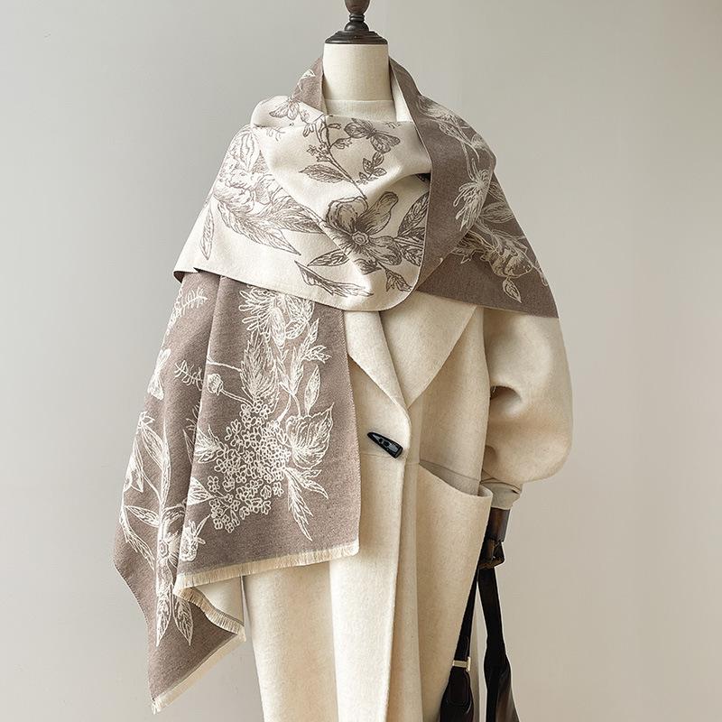 Autumn And Winter Are Full Of Flowers, Butterflies Linger In The Pastoral Style, Light Luxury Women'S Imitation Cashmere Warm Shawl Scarf