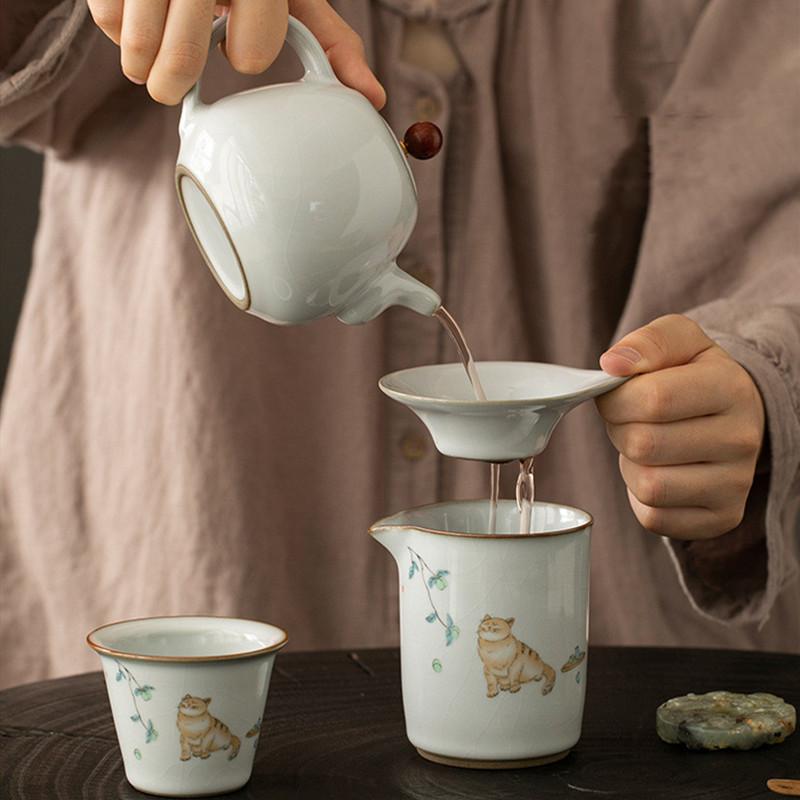 Китайская ретро-керамическая чашка Ru Kiln Fair, ситечко для чая, расписанное вручную, милая чашка с кошкой, заварочные чайники ручной работы, аксессуары для чайного сервиза