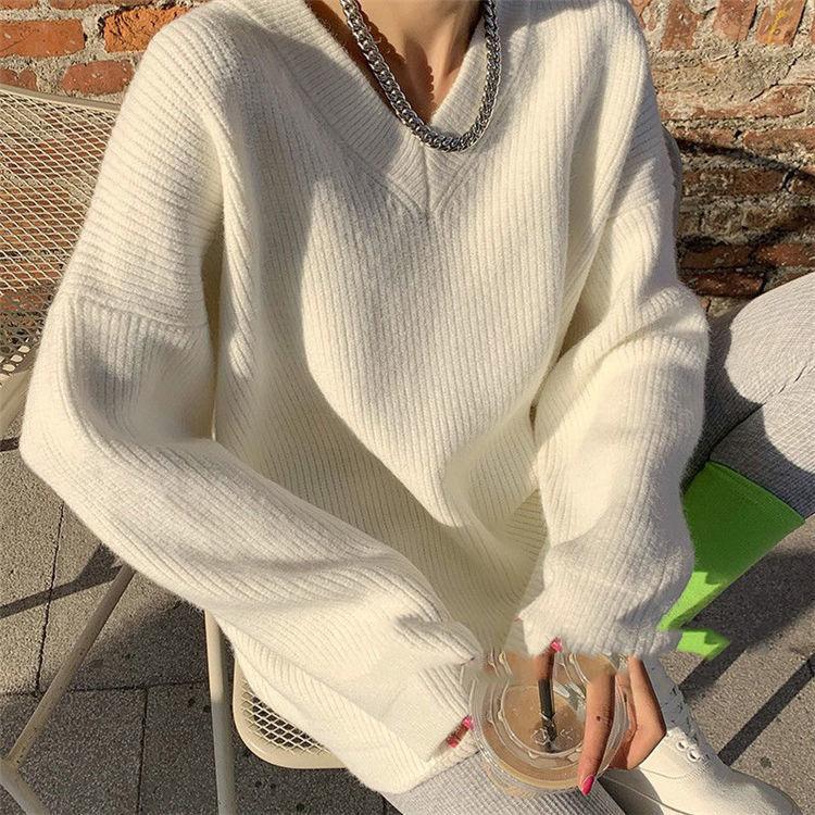 Вязаный свитер осень-зима свободного кроя с V-образным вырезом средней длины, однотонный трикотажный топ с длинным рукавом для женщин, модная верхняя одежда