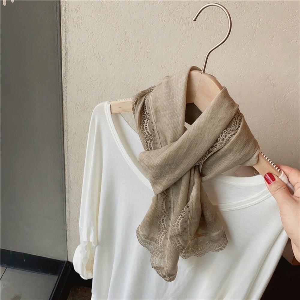 Solid Color Cotton Linen Scarf Lace Edge Silk Scarf Literary Flaxen Lace Scarf  for Women