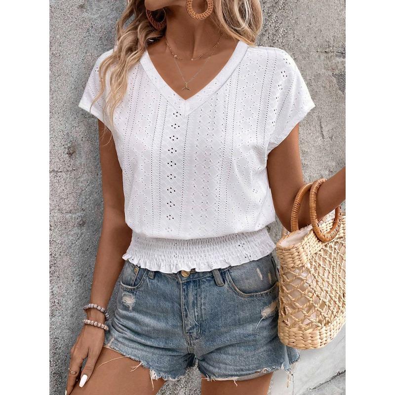 Summer V-neck Women's T-shirt Jacquard Hollow Drawstring Short Sleeve T-shirts Women Fashion Casual Tops Elegant Slim Fit Office Lady Tee Shirt New