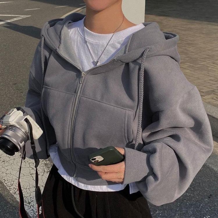 Vintage Korean Women Oversized Zip Up Hooded Jacket Long Sleeve Harajuku Fashion Solid Color Sweatshirt Autumn