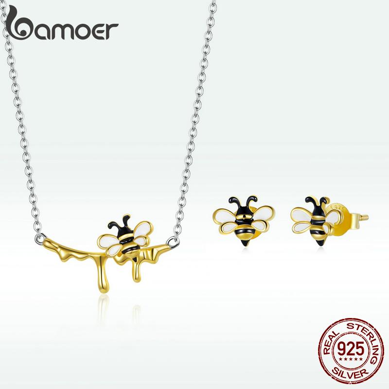 BAMOER, стерлинговое серебро 925 пробы, эмаль, шмель и сладкий мед, блестящее ожерелье и серьги-гвоздики для женщин, модный комплект ювелирных изделий