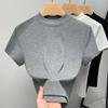 Stand-collar Base Shirt for Women New Women's Gray Short-sleeved T-shirt Waist-hugging Elastic Tight-fitting