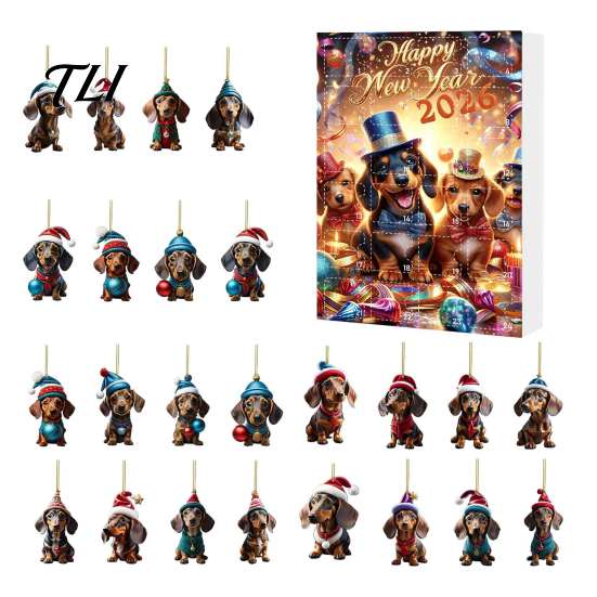 Holiday Countdown Gift Box Dachshund Advent Calendars 2026, 24 Days 2D Acrylic Pendant Christmas Decorative Dog Charms Calendar, Collectible