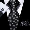 Barry Wang Men Tie Hankerchief Cufflinks Set Black White Snowflake Cartoon Pattern Christmas Atmosphere Tie