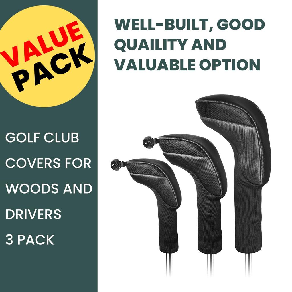 FINGER TEN Golf Club Head Covers Woods Driver Fairway Hybrid Value Pack Long Head Covers Interchangeable Accessories Ultimate Club Protection 3/5