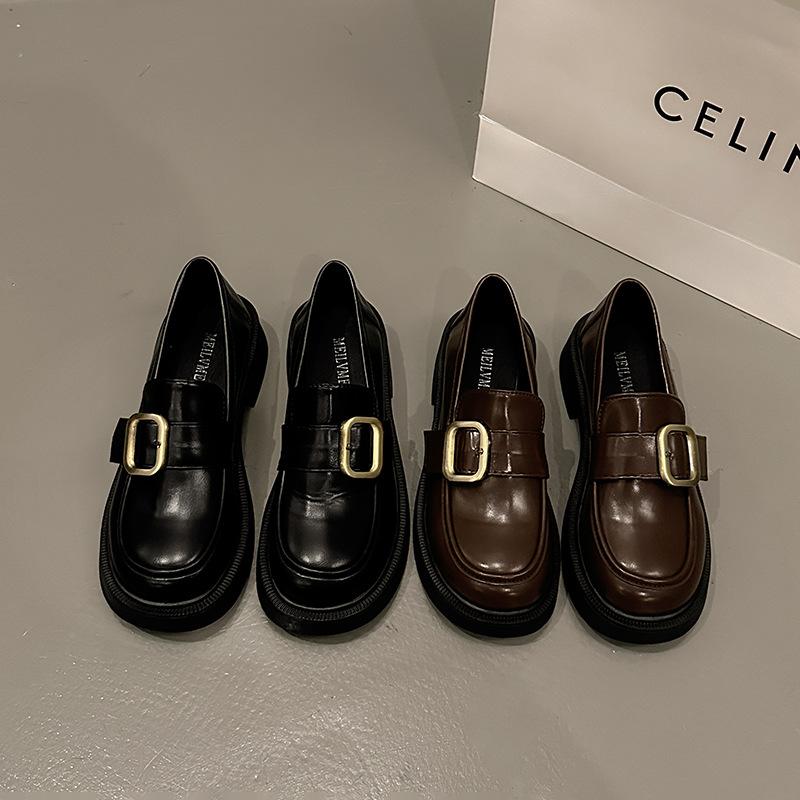 Британский стиль черные маленькие кожаные туфли женские 2025 весна и осень новые универсальные толстый каблук повседневные лоферы Мэри Джейн