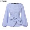 VONDA Женские винтажные рубашки с открытыми плечами и длинным рукавом в полоску с галстуком-фонариком