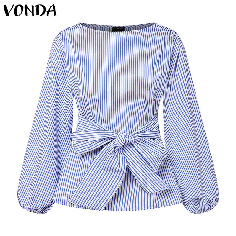 VONDA Женские винтажные рубашки с открытыми плечами и длинным рукавом в полоску с галстуком-фонариком