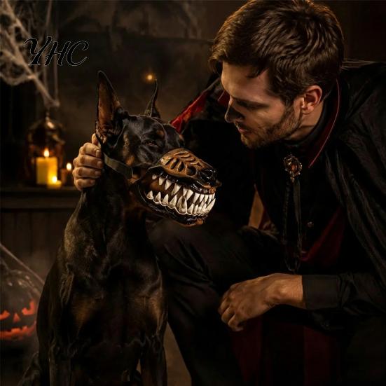 Dog Muzzle for Halloween Scary Dinosaur with Teeth, Adjustable Latex Breathable Pet Themed Haunted House Prop Mask, Anti-Bite Costume Cosplay Parties