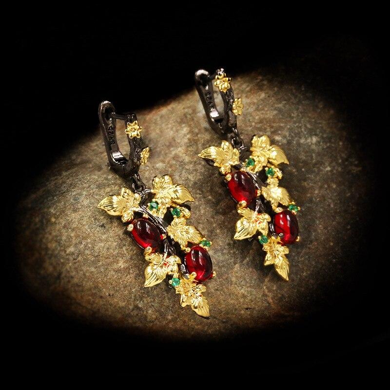 Элегантные серьги с кулоном из черного золота и рубина в форме цветка, серьги с кристаллами и драгоценными камнями, женские ювелирные серьги, серебряные женские серьги