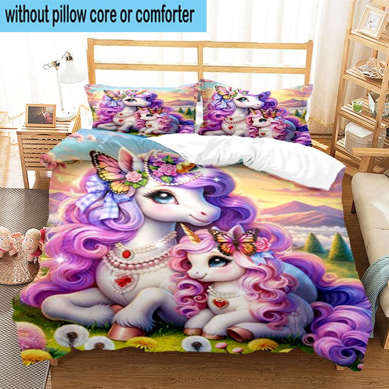 Magical Unicorn Fantasy 3pcs Bedding,Including 1pc Duvet Cover And 2pcs Pillowcases Perfect for Christmas,Ideal for Bedroom, Dormitory
