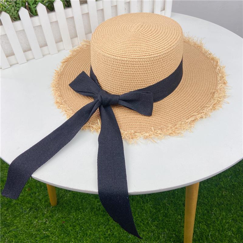 Соломенная шляпа с бантом на ремне для женщин с милыми и элегантными краями с бахромой, солнцезащитная соломенная плетеная шляпа с плоским верхом для лета