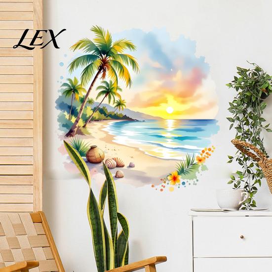Round Beach Wall Decal Sunset Palm Tree Seaside Decal, Watercolor Summer Landscape Sticker, Scene Art for Living Room Tropical Coconut Kids