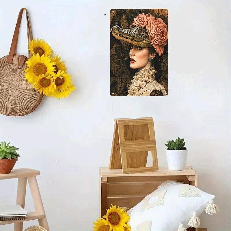 1 piece of vintage elegant crocodile and rose portrait tin painting, European style living room wall decoration plaque, home art