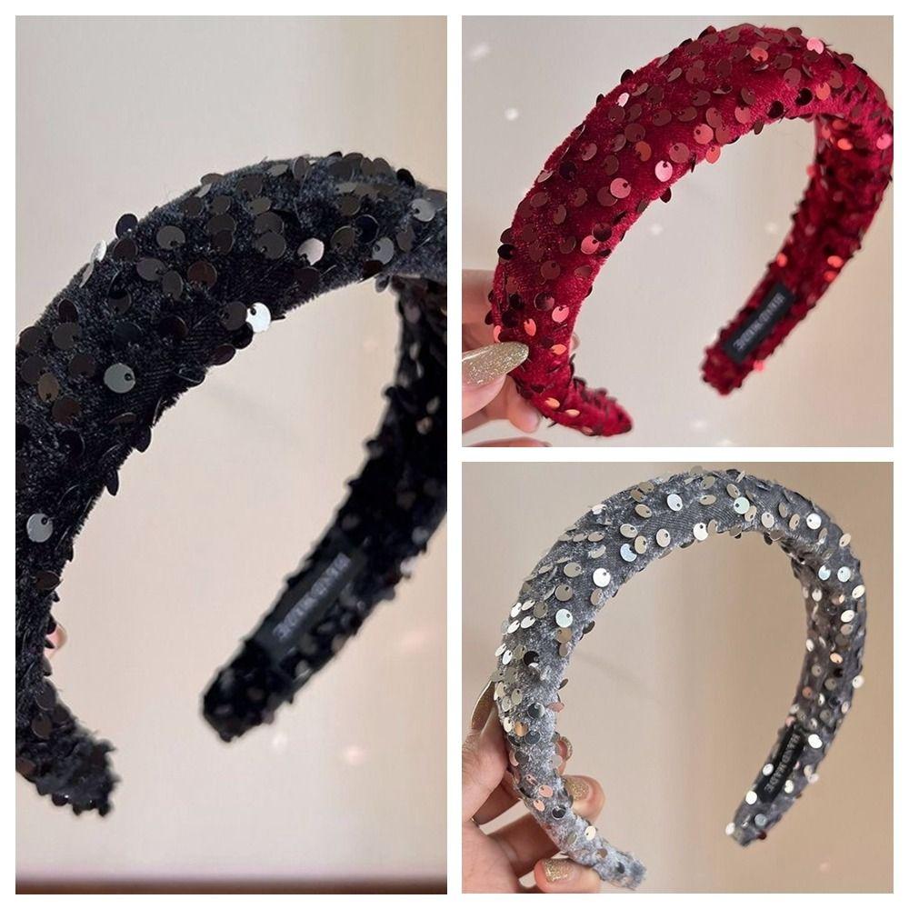Velvet Sequins Headband Solid Color Sponge Hair Band Exquisite Wide Hairband Ladies