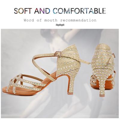 Модные женские танцевальные туфли для латиноамериканского танго и сальсы, домашние танцевальные туфли на высоком каблуке с открытым носком, каблук 7,5 см со стразами