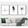 Home Picture Wall Decoration Black and White Dandelion Feathers and Print Letter Love Wall Art Canvas Painting