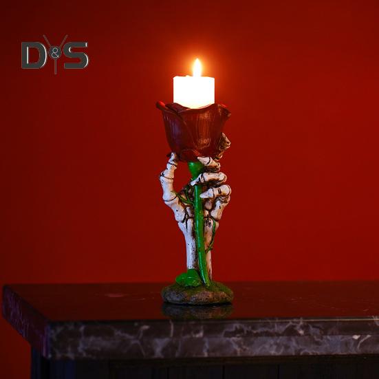 Skeleton Hand Rose Candle Holder Ghost Hand Holding Flower Resin Figurine Taper Pillar Candle Candlestick Table Centerpiece Decoration