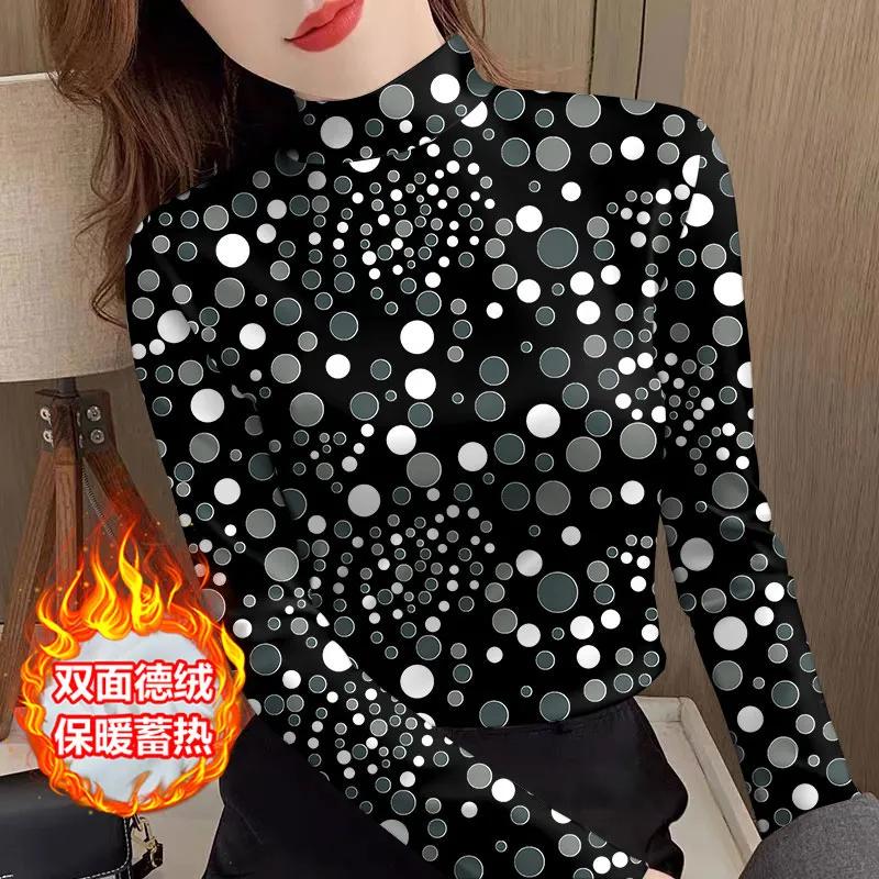 Зимняя бархатная базовая рубашка женская теплая с полувысоким воротником и длинным рукавом модная ретро футболка с леопардовым принтом