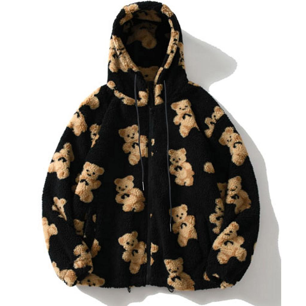 Autumn Winter Women's Hooded Plush Bear Printed Cartoon Sweater Women's Winter Warm Jacket Fleece Jacket